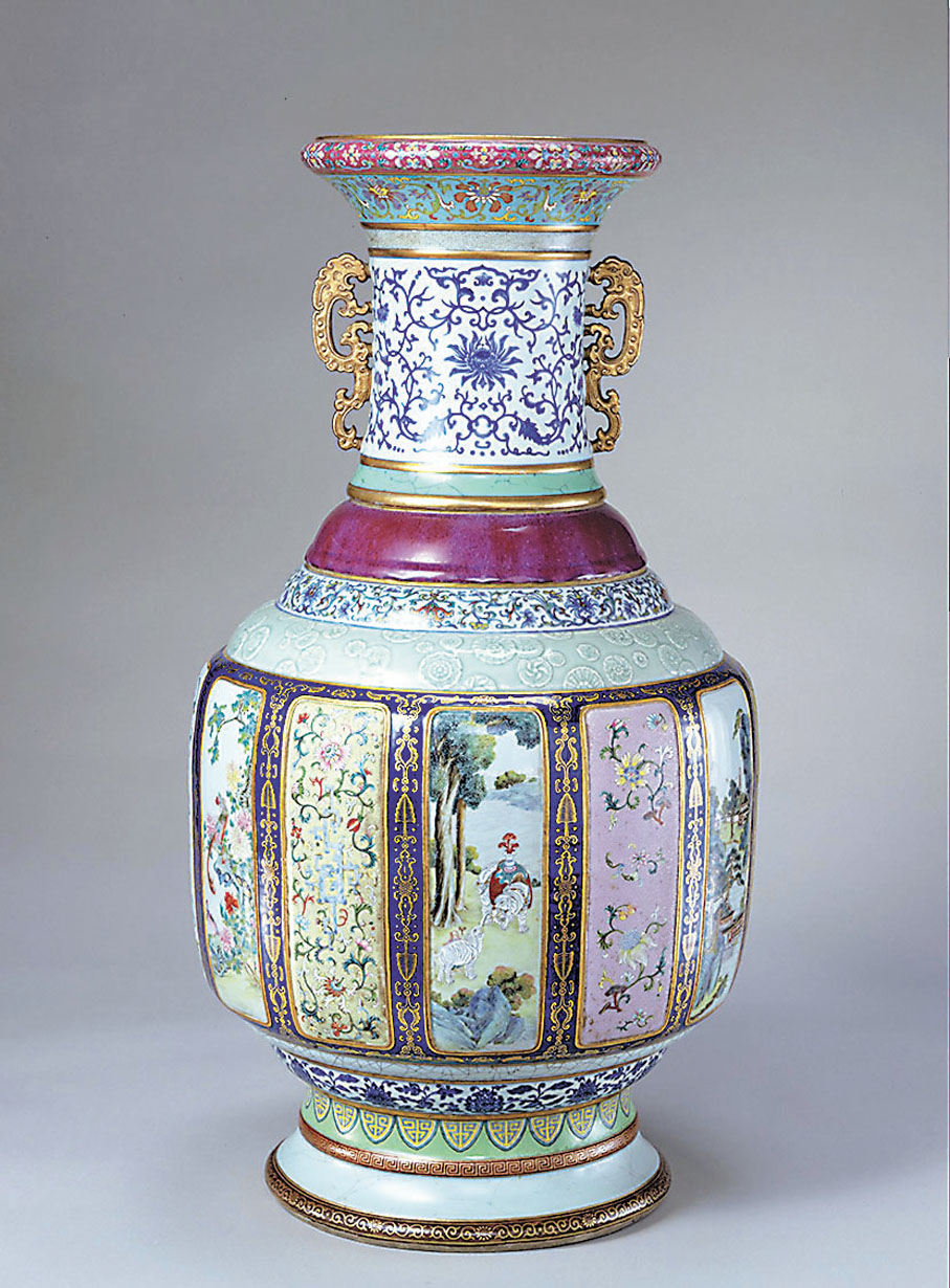 秘藏 清 乾隆年制 花絲塗金 八寶嵌工藝 雙耳瓶 純手工打造 置物 極細工 